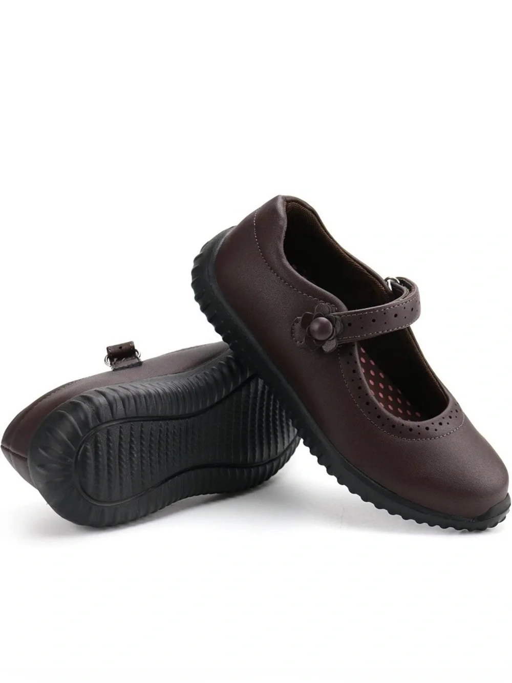 Girls Dark Brown Mary Jane School Shoes With Floral Accent Size 10